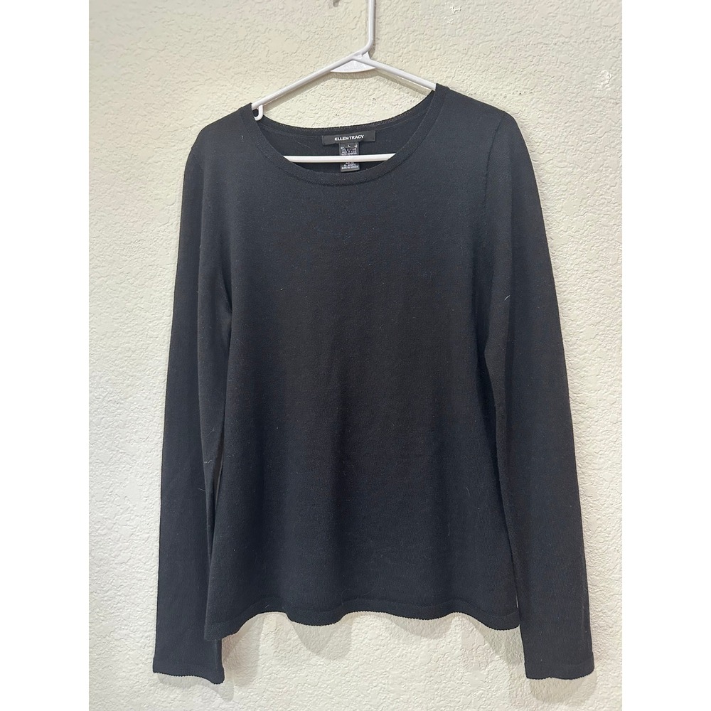 Ellen Tracy Womens Black Wool Silk Blend Long Sleeve Crew Neck Sweater Large